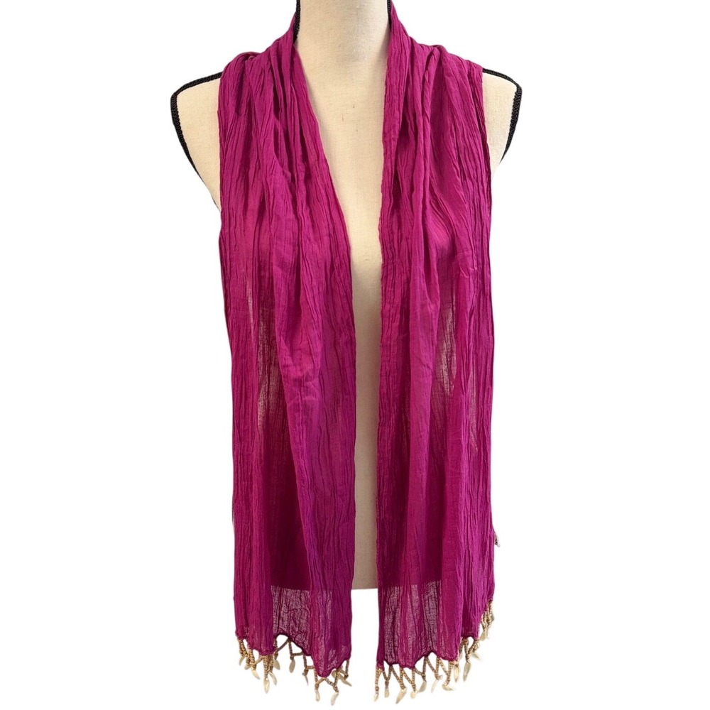 Mademoiselle O Scarf Women OS Magenta NEW Cotton Shell Wood Bead Fringe Boho